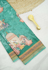 Premium printed silk mugal painting prints peacock - Teal green